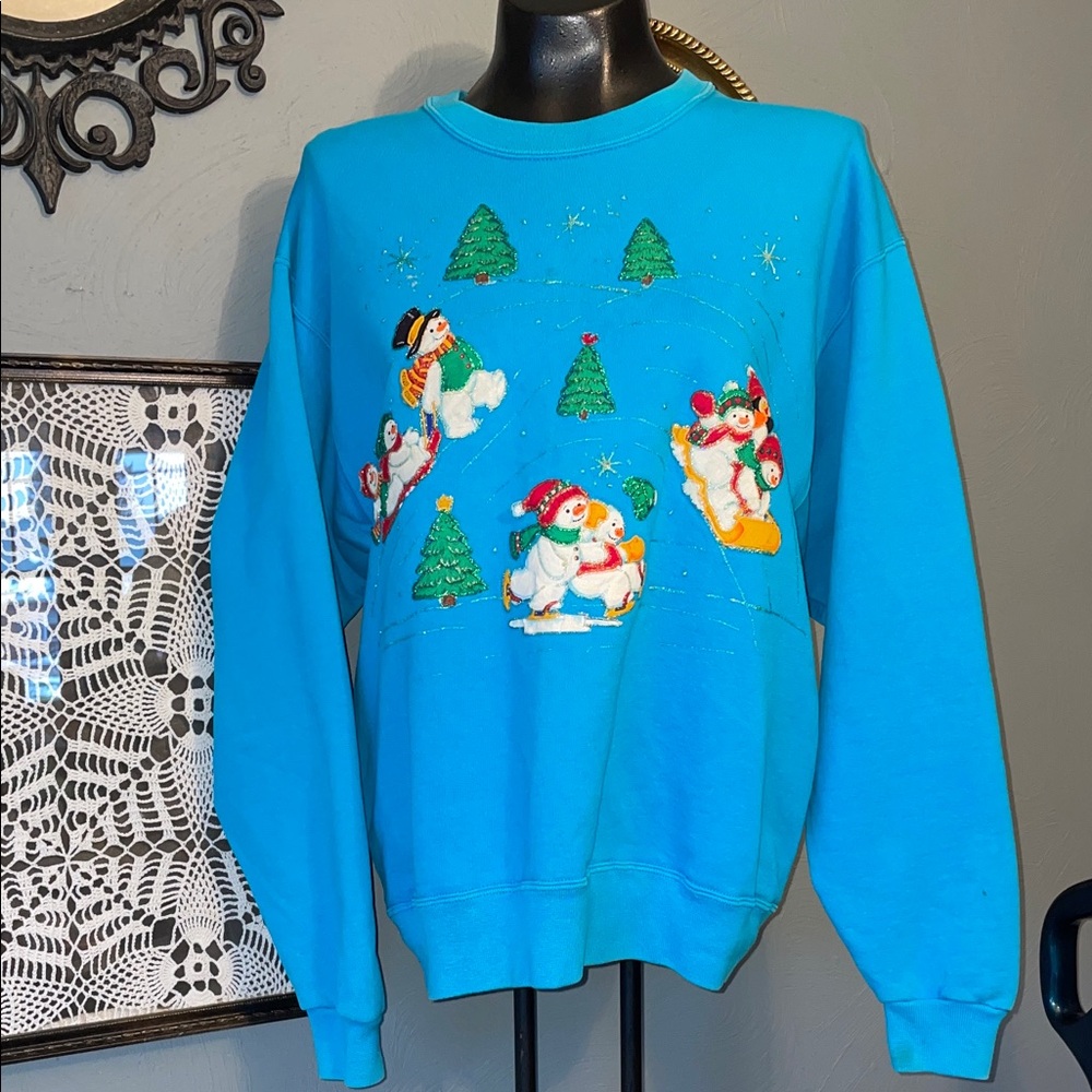Women’s Bright Turquoise Holiday Snowman Crewneck Sweatshirt